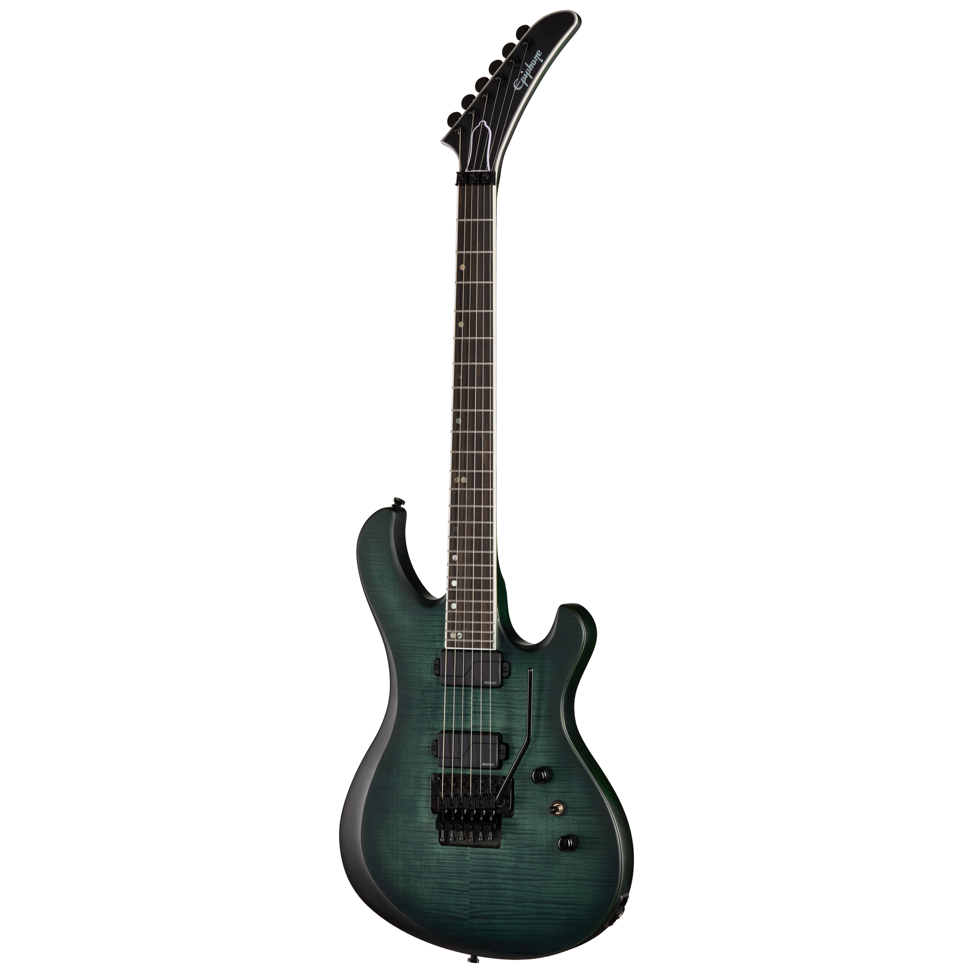 E-Gitarre, Tremolo-System, Doppel-Humbucker, Grün-schwarzer Korpus, Flamed-Maple-Decke
